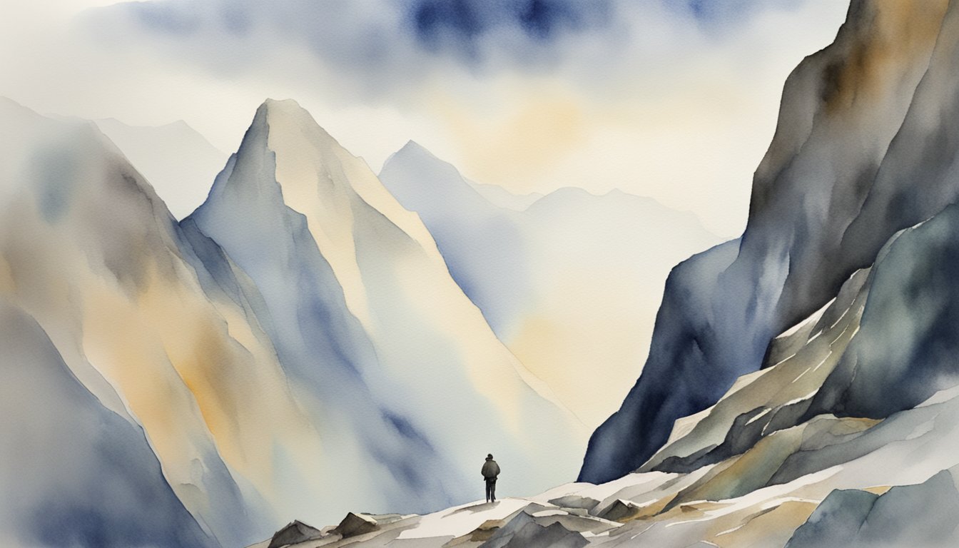 A lone figure navigates treacherous terrain, facing steep cliffs and unpredictable weather on the world's tallest mountain