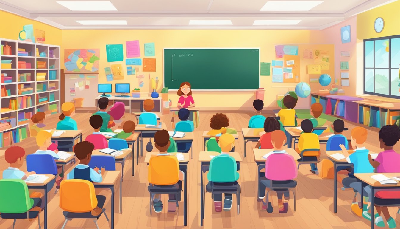 A bright, modern classroom filled with eager young students, surrounded by colorful educational materials and interactive learning tools