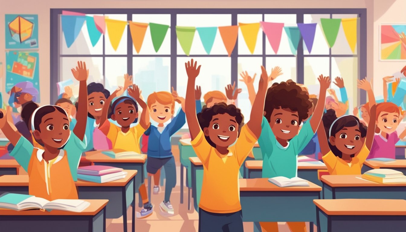 A group of young students eagerly raising their hands in a bright and colorful classroom, surrounded by educational posters and books
