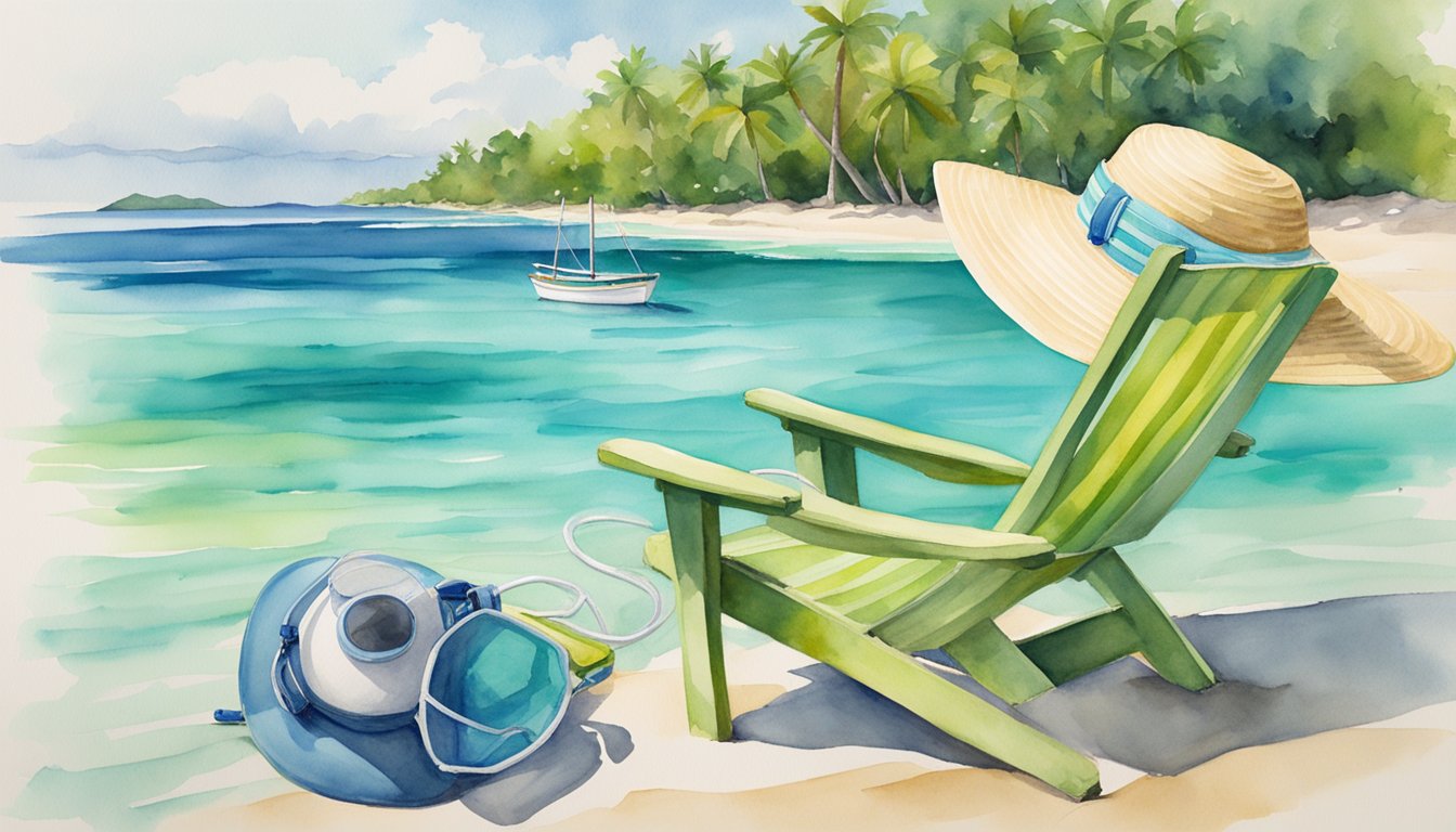 A beach chair, sun hat, and snorkel gear lay on the sandy shore.</p><p>Crystal-clear turquoise waters stretch out to lush green islands in the distance