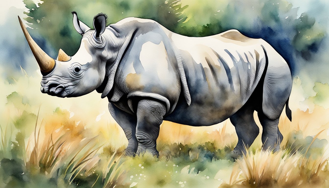 A rhino stands tall in its natural habitat, grazing on grass and leaves.</p><p>Its large body and horn depict its impressive size.</p><p>Conservation efforts are crucial to protect these magnificent creatures