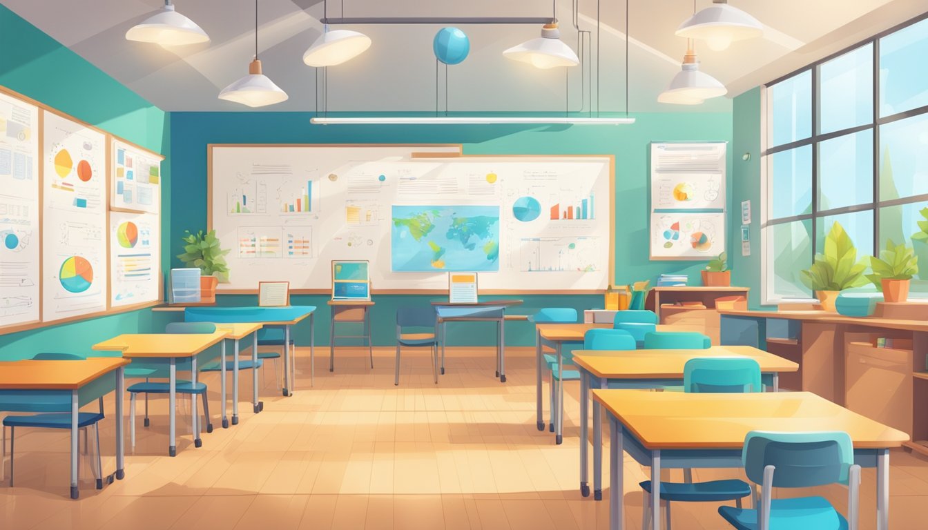 A bright, spacious classroom with colorful science posters and interactive learning materials. Desks are neatly arranged, and a whiteboard displays science equations and diagrams