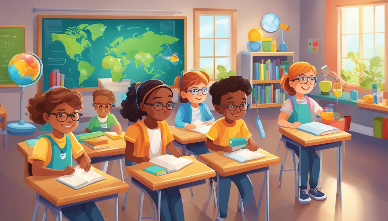 A bright, modern classroom filled with colorful educational materials and interactive science experiments. Knowledgeable tutors engage with enthusiastic young students, fostering a love for science