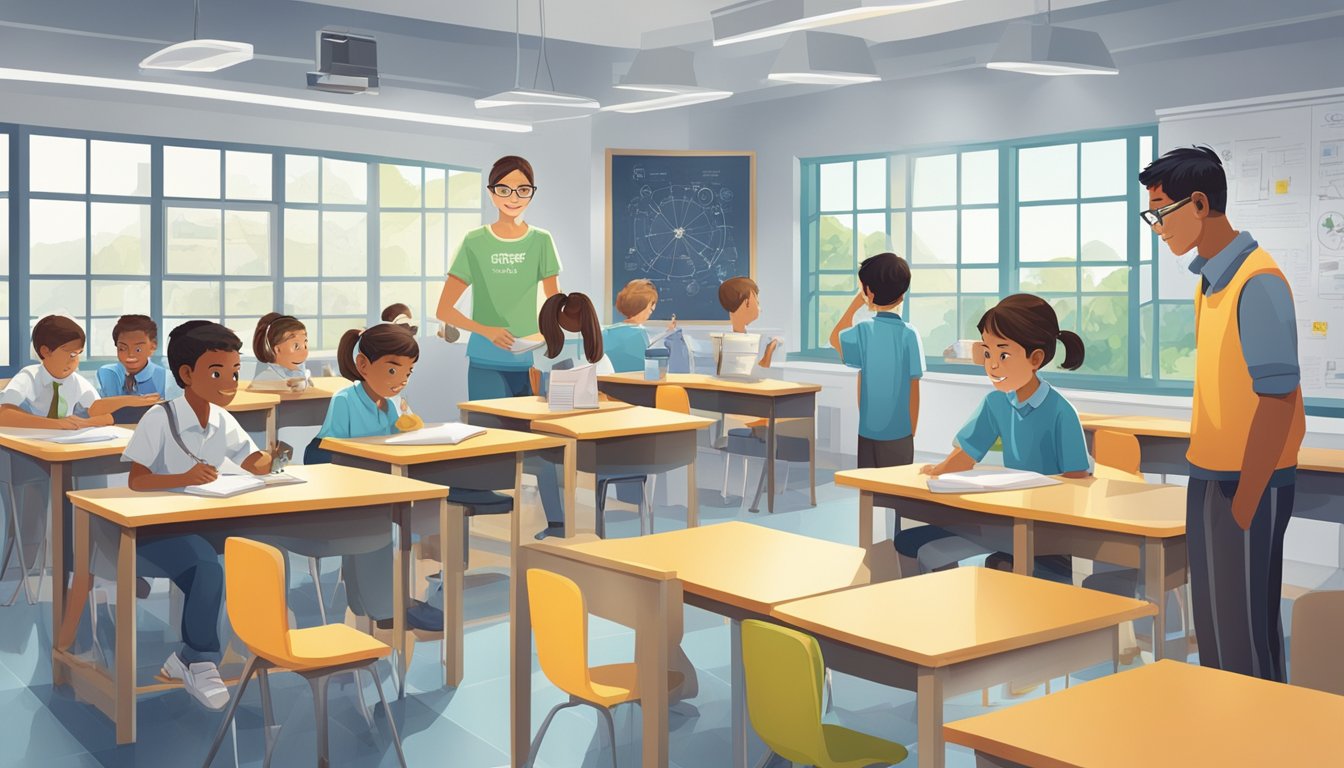 Students eagerly enter a bright, modern science tuition center. Posters of scientific concepts line the walls, and a friendly teacher welcomes them to the engaging learning environment