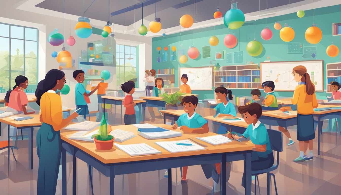 Students engaged in science activities at a vibrant tuition centre. Books, charts, and experiments fill the room, creating an atmosphere of learning and curiosity