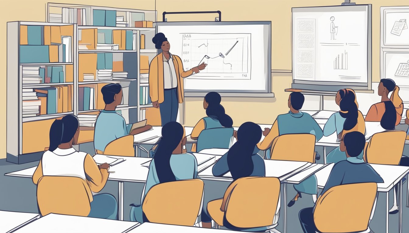 A group of students sit in a classroom, surrounded by textbooks and notebooks. A tutor stands at the front, explaining a concept on the whiteboard