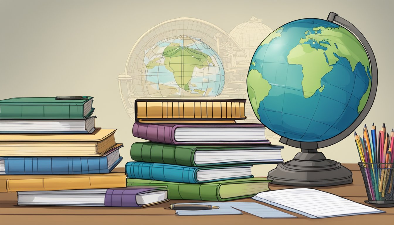 A stack of books and a calculator sit on a desk, surrounded by a globe, a pencil, and a notebook labeled "Pioneer Academics Tuition."