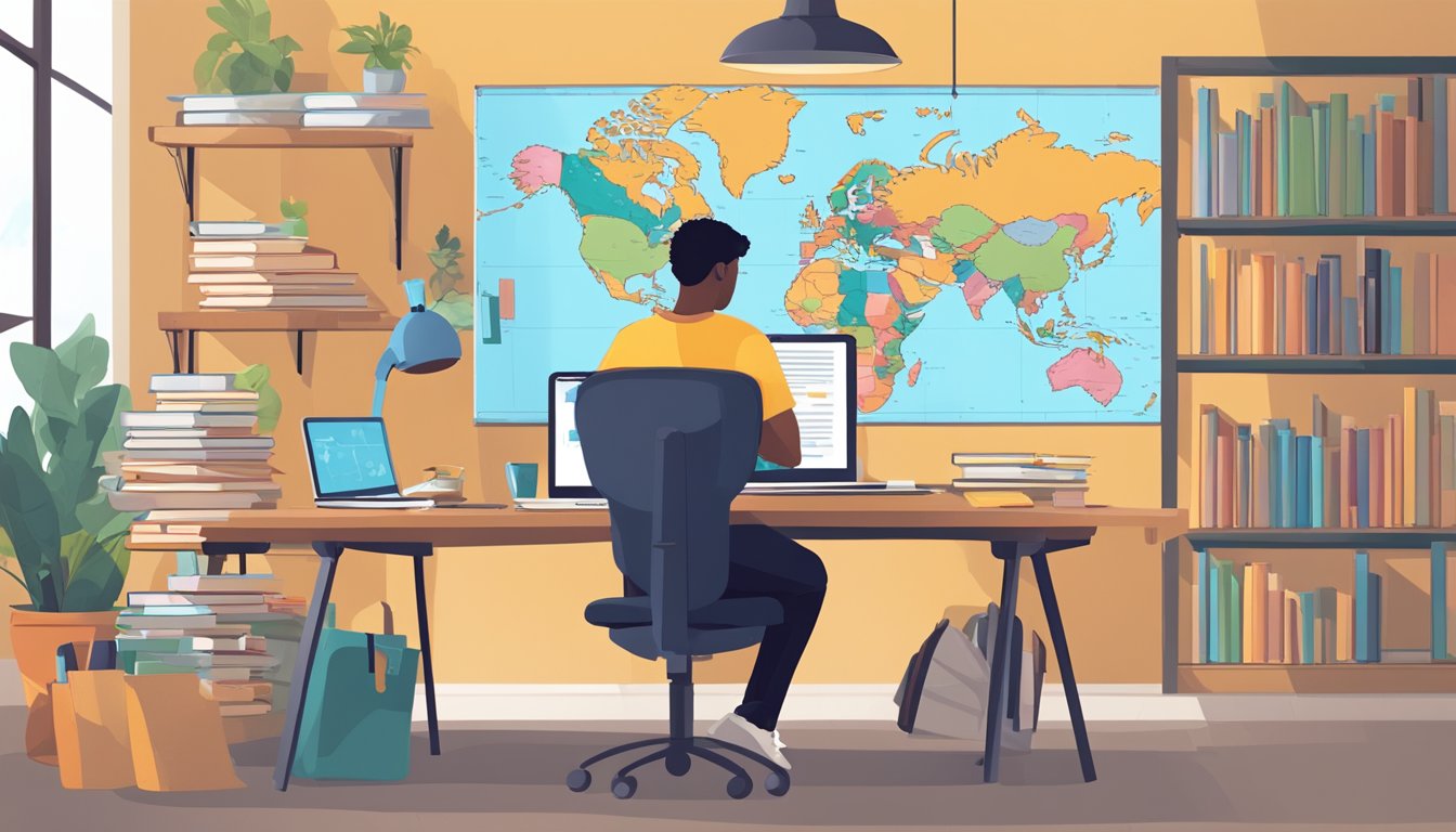 A student sits at a desk, surrounded by books and a laptop. A map of the world hangs on the wall, with pins marking different locations. A calendar shows deadlines and important dates