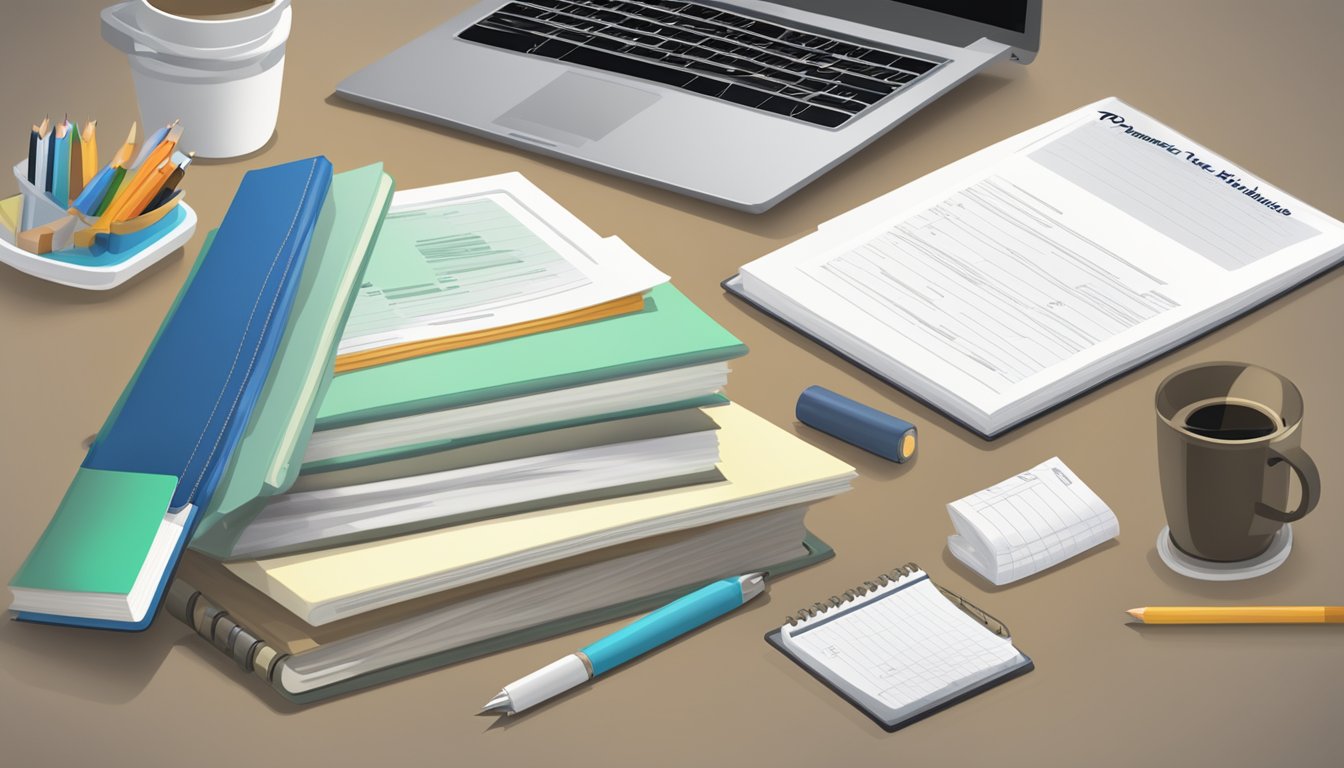 A stack of FAQ papers with "Pioneer Academics Tuition" on top, surrounded by a laptop, pen, and notebook