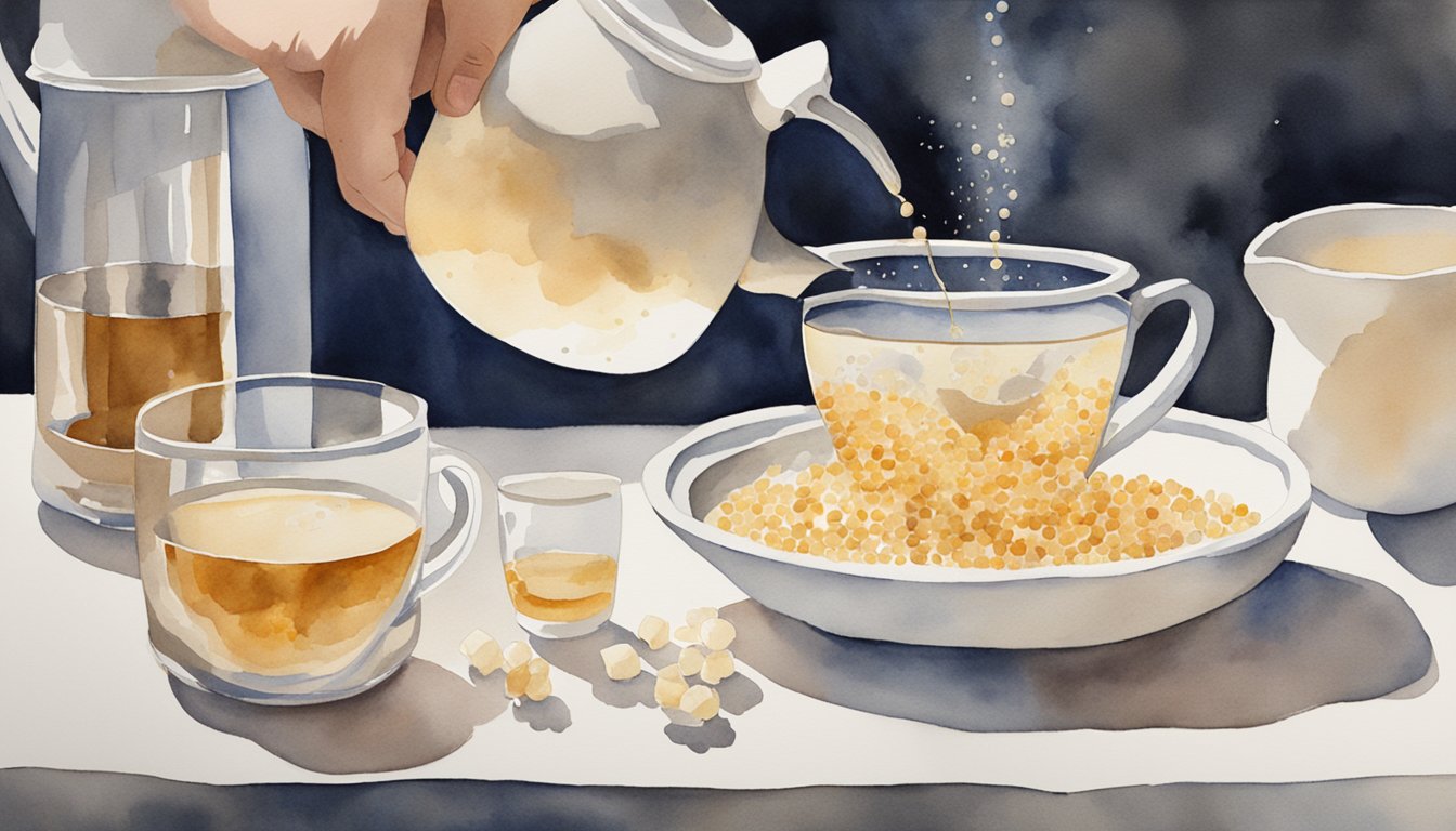 A table holds tapioca pearls, tea bags, milk, sugar, and a pot.</p><p>A person pours hot water over the tea bags and stirs in sugar.</p><p>They add milk and tapioca pearls to the tea