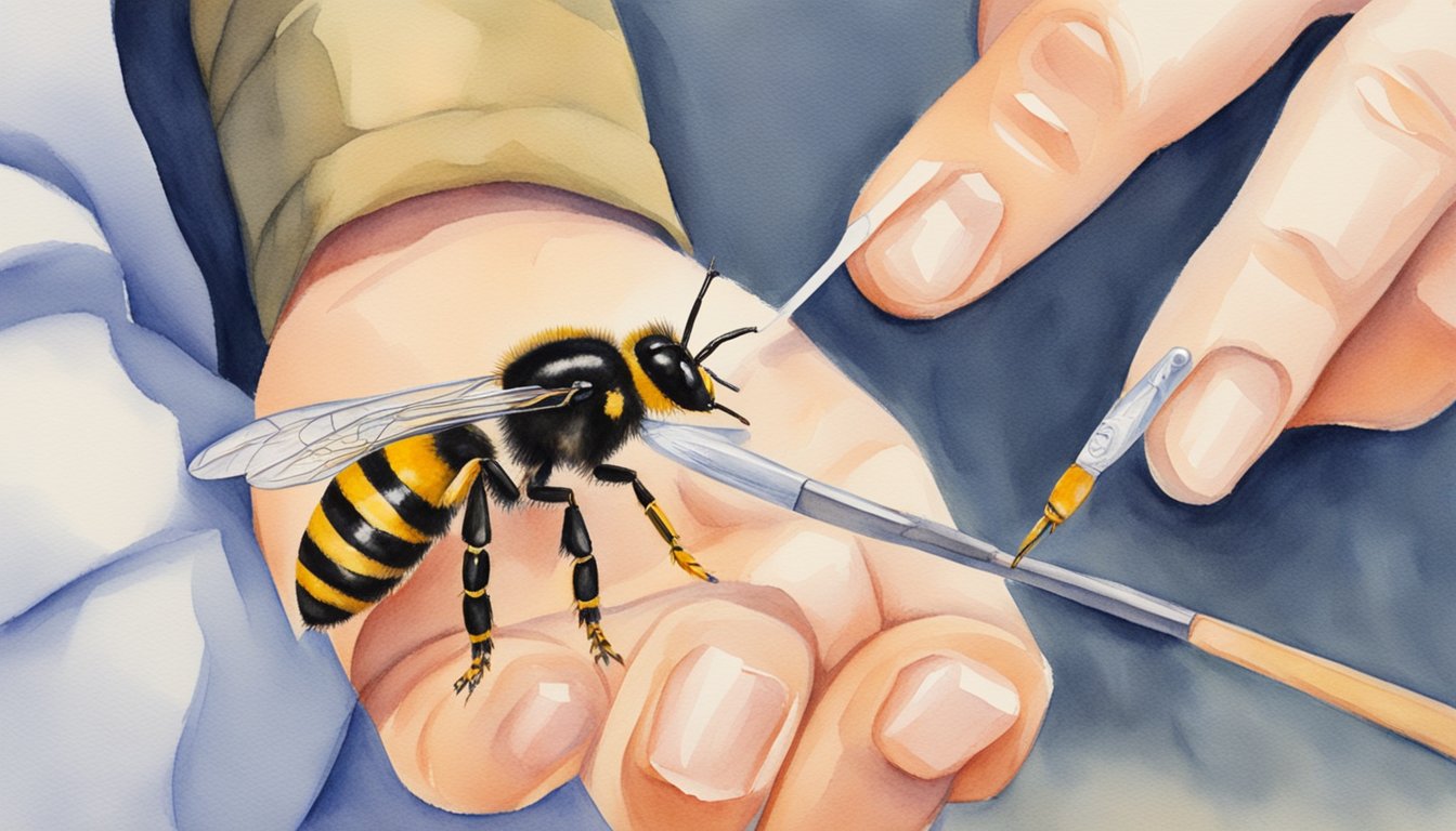 A person applying first-aid to a wasp sting, using tweezers to remove the stinger and applying antiseptic cream to the affected area