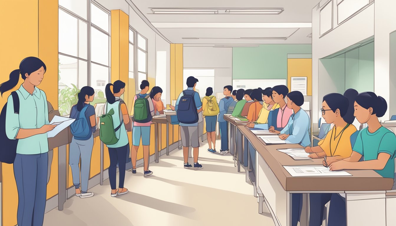 Students lining up at a tuition centre registration desk, with parents filling out forms and staff assisting