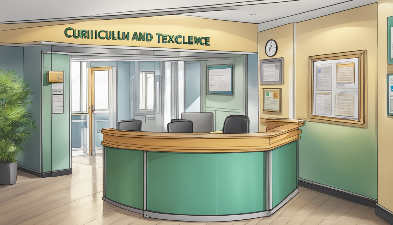 A brightly lit tuition centre with a welcoming reception area and a sign displaying "Curriculum and Teaching Excellence Registration" on the front desk