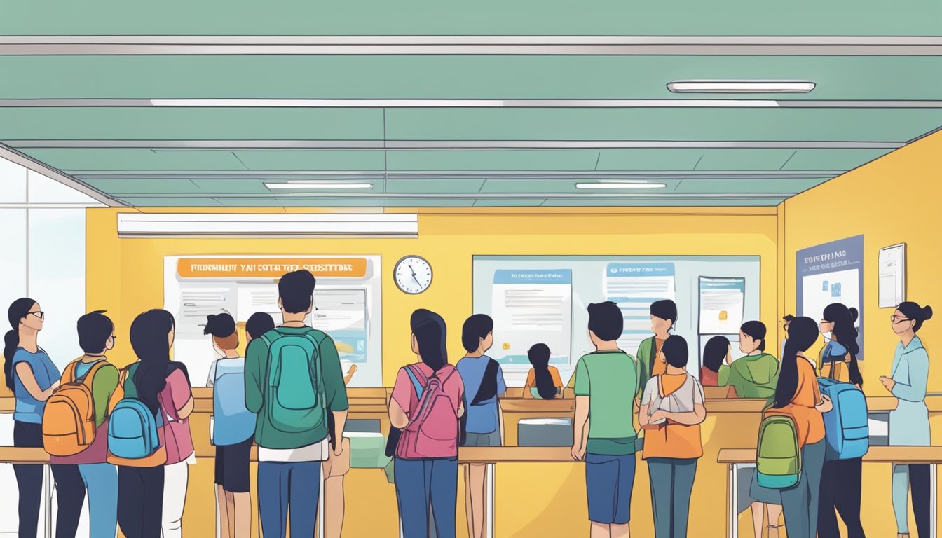 A line of students and parents wait to register at the FAQ tuition centre, with a sign displaying "Frequently Asked Questions tuition centre registration" prominently displayed