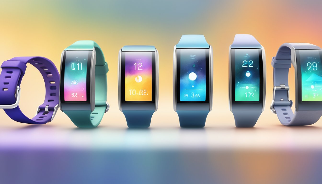 A lineup of sleek, futuristic fitness trackers displayed on a glowing digital screen, each with its unique features and sleek design