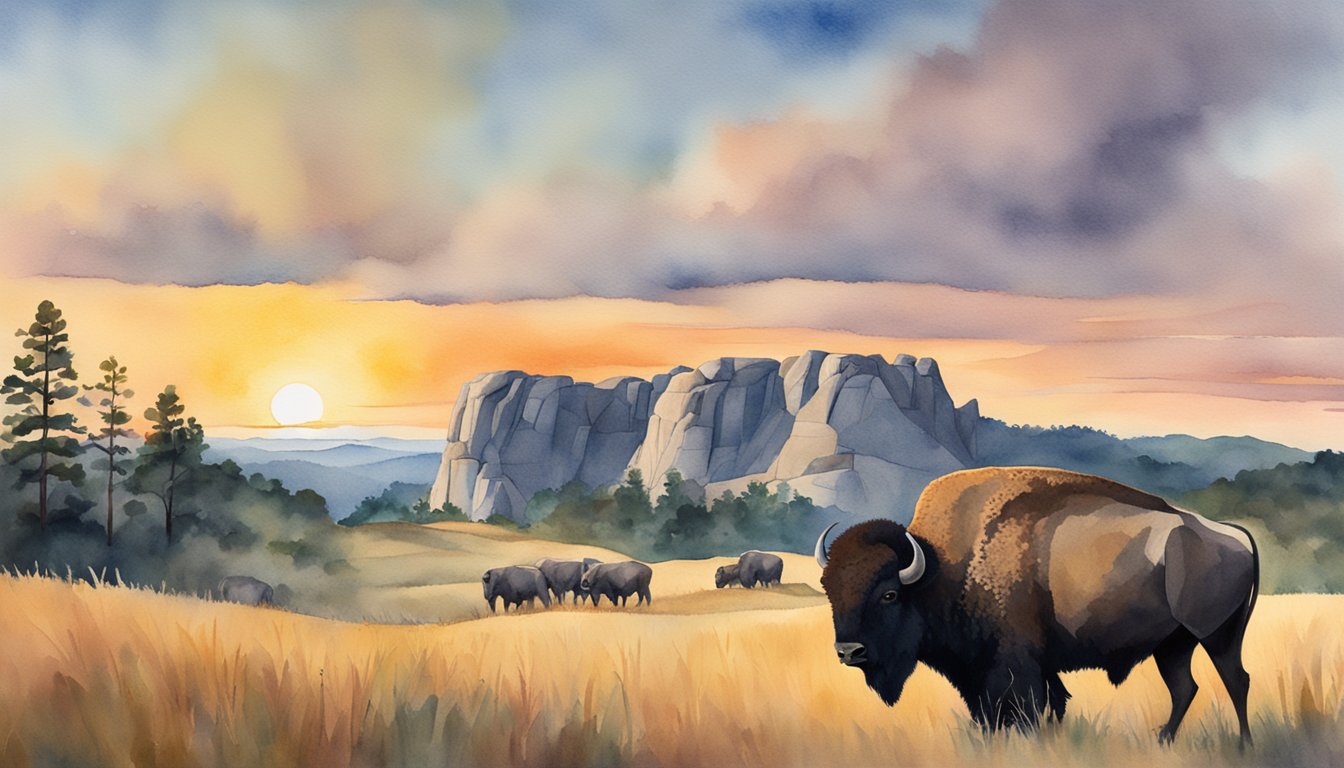 Rolling hills, prairie grass, and the iconic Mount Rushmore in the distance.</p><p>A bison grazes in the foreground while the sun sets behind the Black Hills