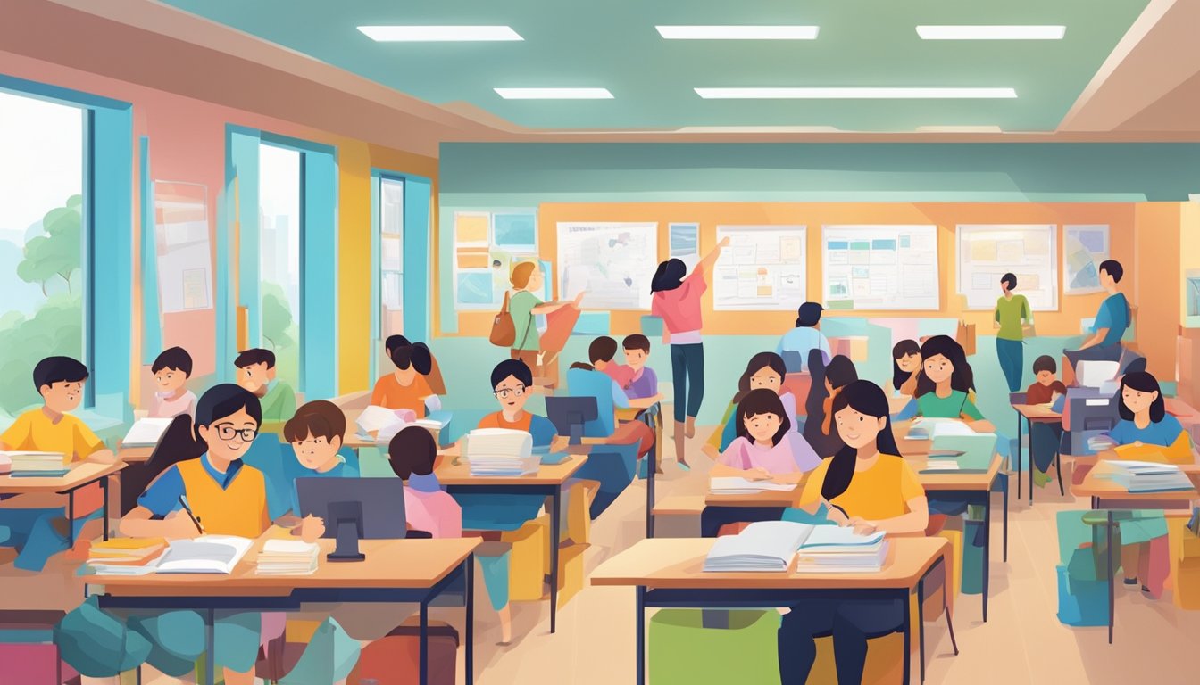 A bustling tuition center with students studying, tutors teaching, and colorful educational materials displayed on the walls