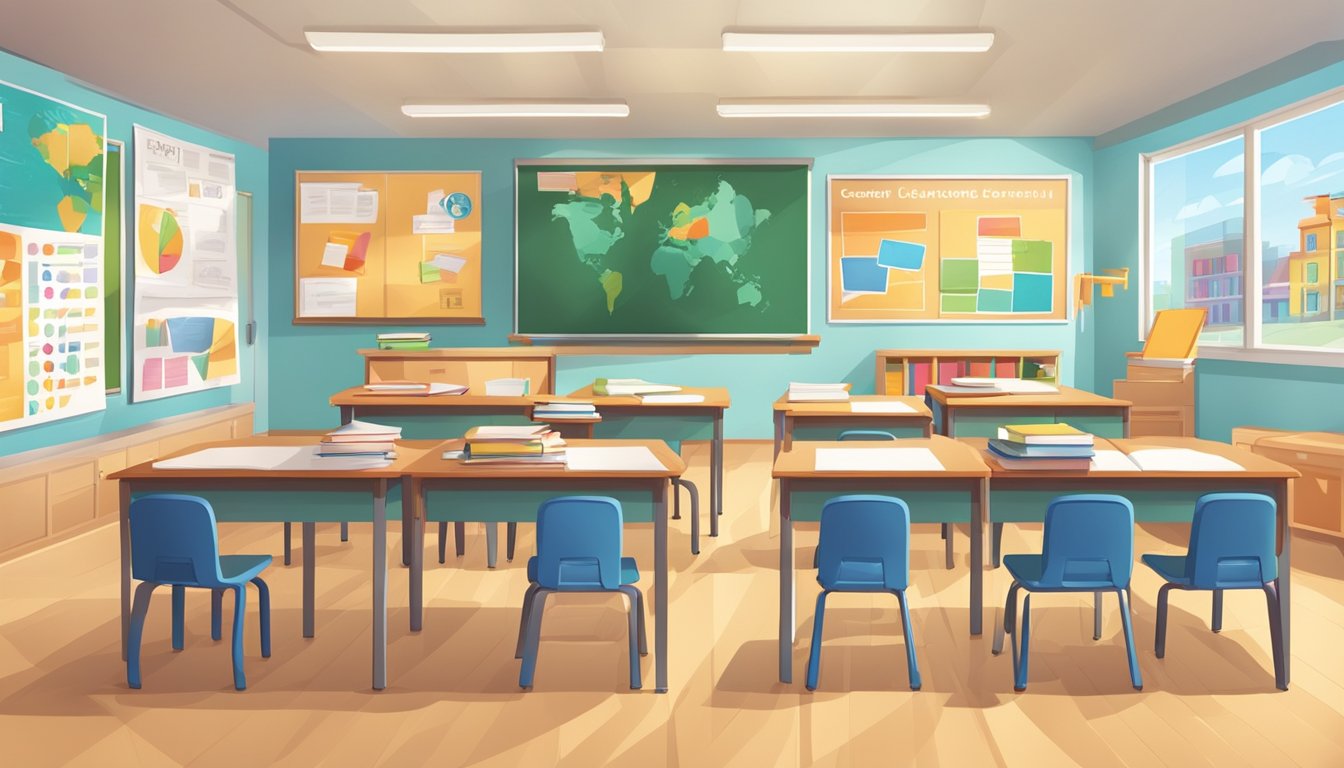 A bright, modern classroom with colorful educational posters and books. Desks are arranged in a neat, orderly fashion, and a whiteboard displays the centre