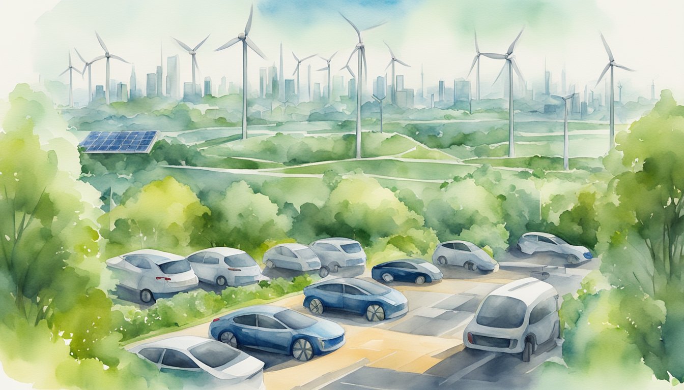 A city skyline with solar panels, wind turbines, and electric vehicles, surrounded by lush greenery and clean air