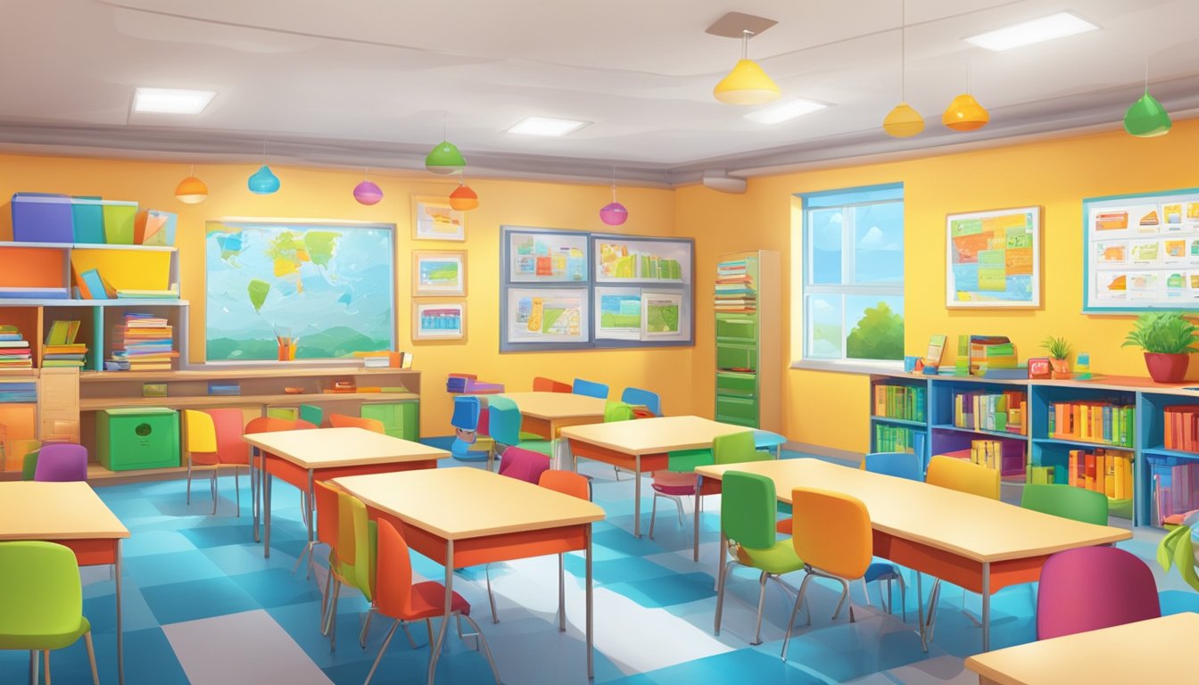 A bright, welcoming classroom with colorful posters and educational materials. The logo "Champs Tuition Centre" displayed prominently on the wall