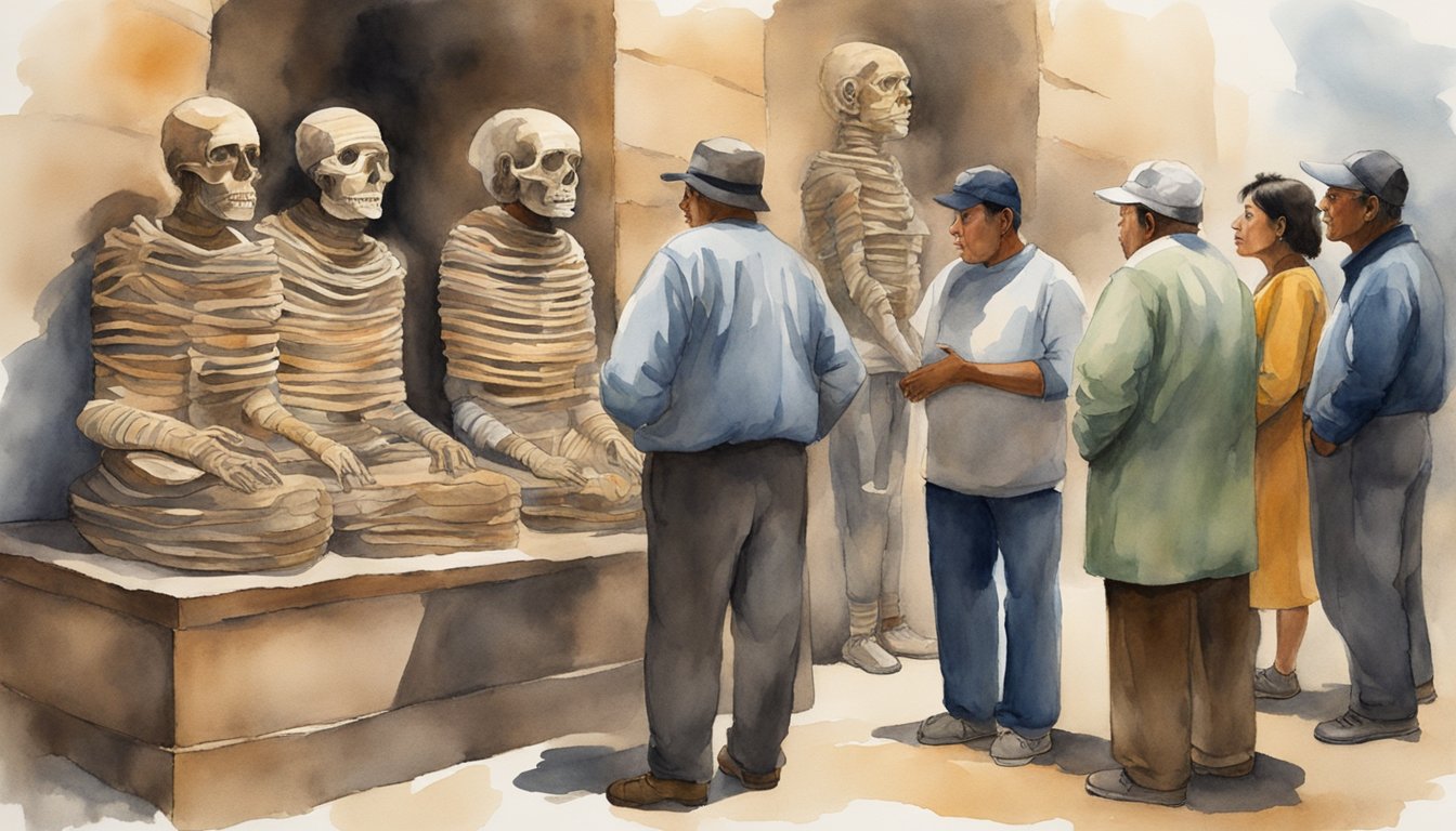 A group of visitors are captivated by the ancient Guanajuato mummies, listening intently to a knowledgeable guide as they learn about the history and significance of the preserved bodies