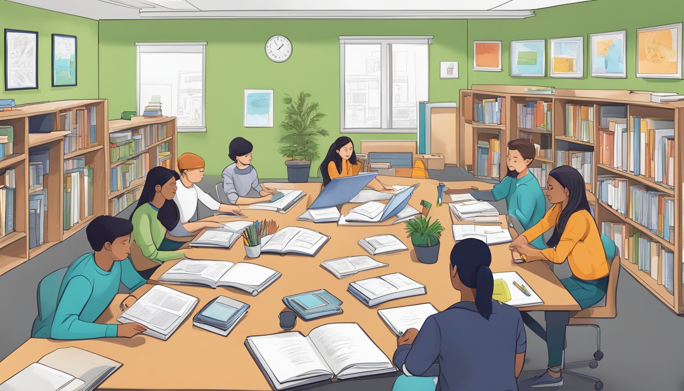 Students engaged in interactive learning at Mindlab Tuition, surrounded by books, whiteboards, and educational materials