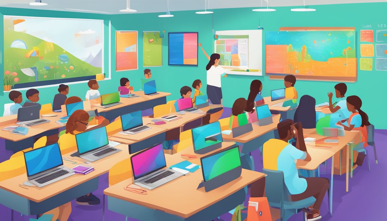 Students engaged in interactive learning activities with colorful educational materials and technology in a vibrant classroom setting at MindLab Tuition