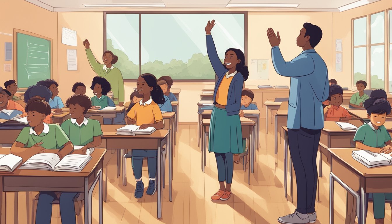 A group of students eagerly raising their hands, surrounded by books and educational materials, while a teacher stands at the front of the classroom, ready to answer their questions