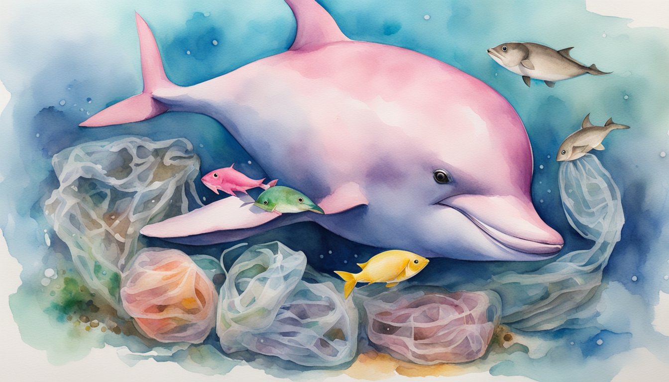 A pink porpoise swims through polluted waters, surrounded by plastic waste and fishing nets.</p><p>Conservationists work to protect and restore its habitat