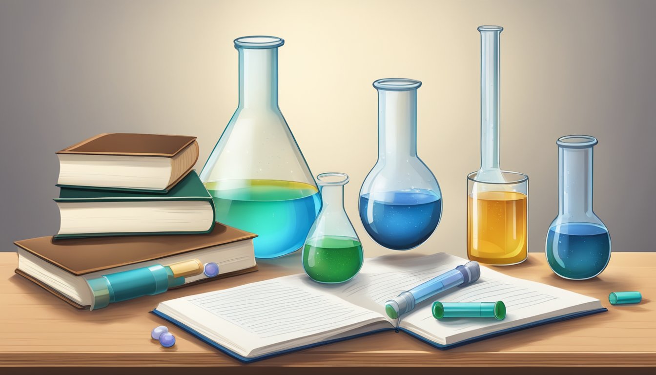 A twig lies on a desk with a beaker, test tubes, and a textbook on chemistry