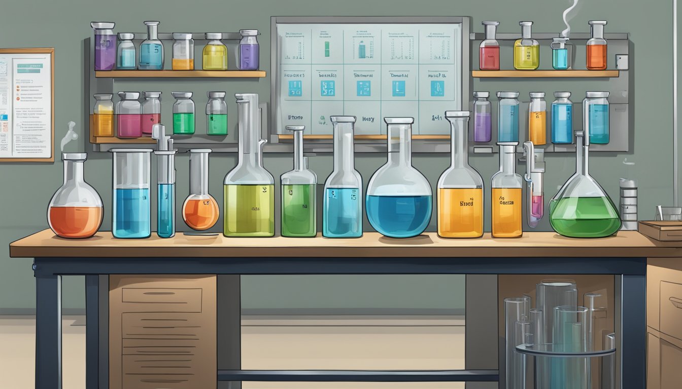 A lab bench with glassware, beakers, and test tubes, a Bunsen burner, and a periodic table on the wall