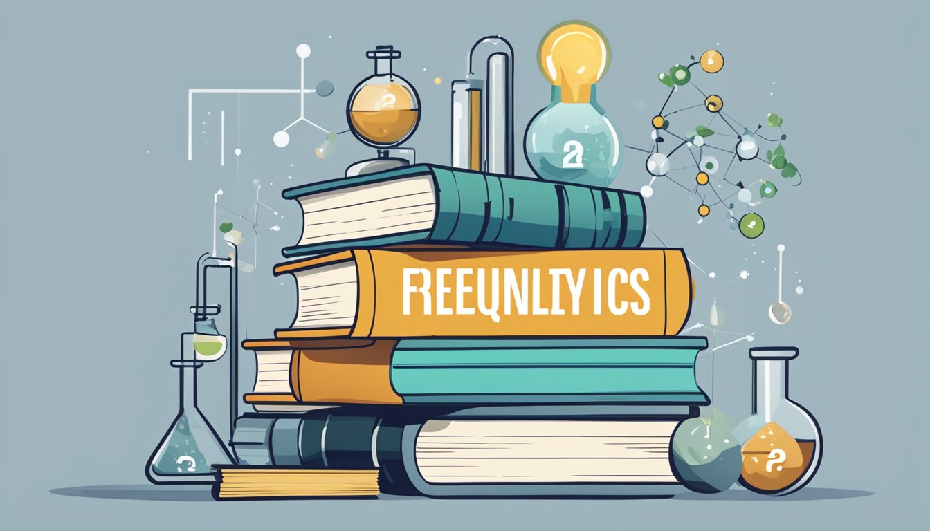 A stack of books with "Frequently Asked Questions" on top, surrounded by chemistry-related objects