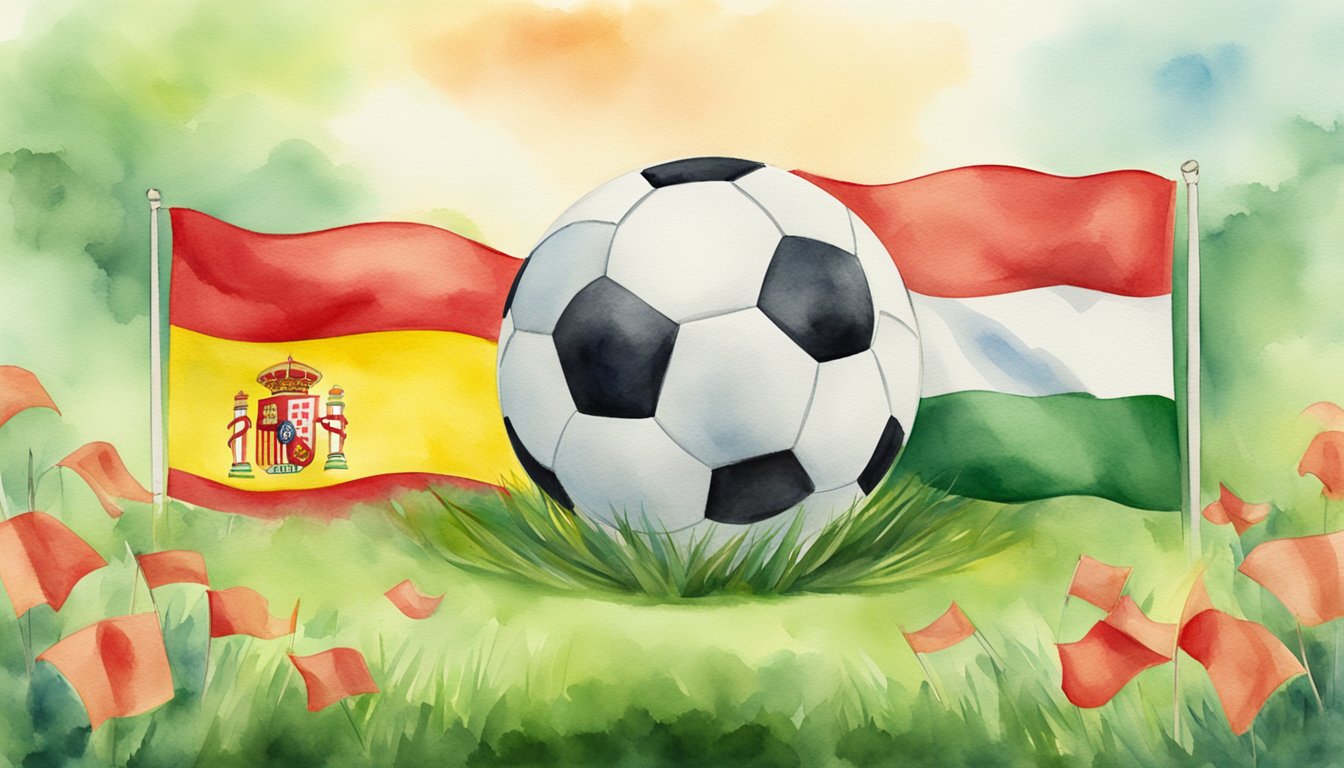 A soccer ball rolls across a grass field, with flags of Spain and Morocco waving in the background, symbolizing the unity and connection between the two nations through the sport of football