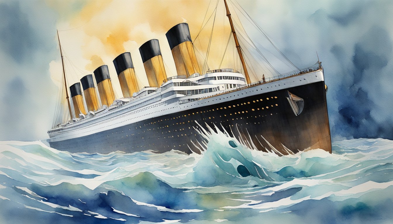 The Titanic sinks into the icy waters, its massive hull breaking apart as it descends into the depths of the ocean