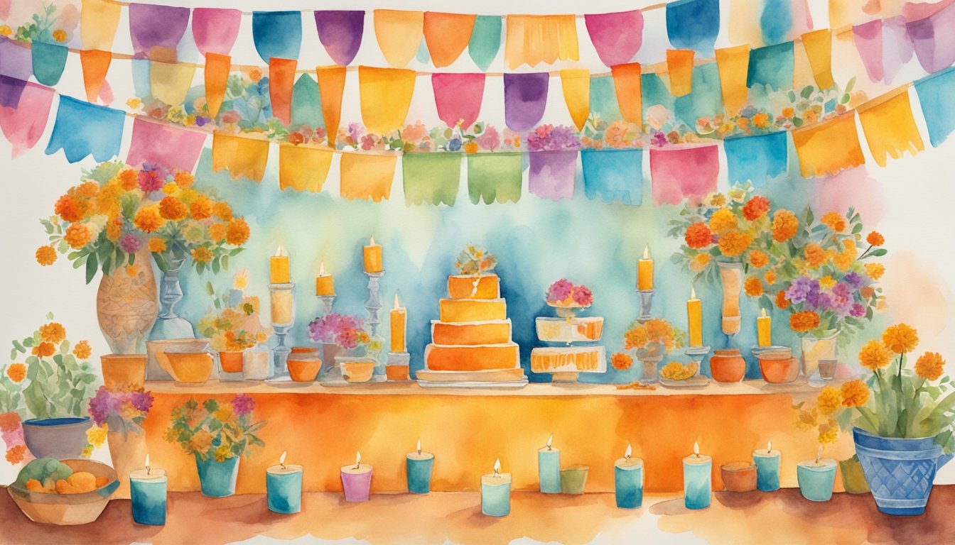 Vibrant papel picado flags hang above an altar adorned with marigolds, candles, and food offerings for Dia de los Muertos