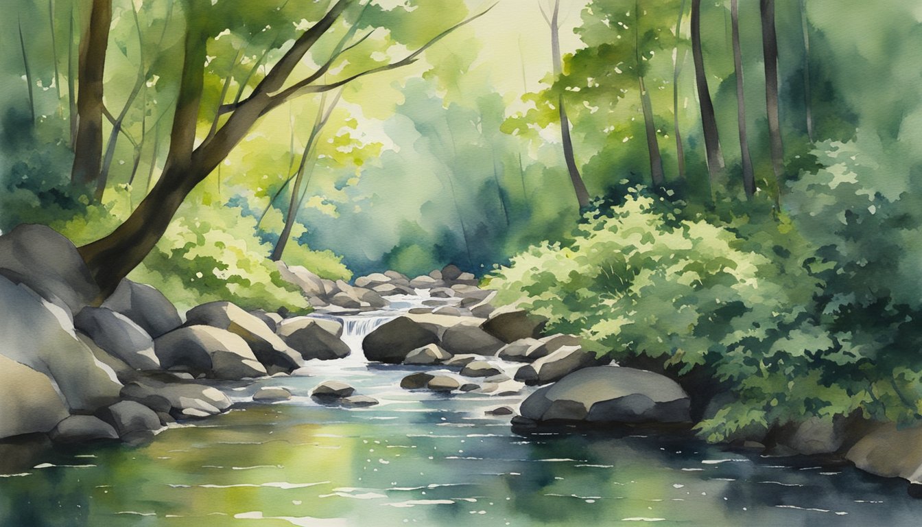 Sunlight filters through the dense forest canopy, casting dappled shadows on the lush greenery below.</p><p>A gentle stream trickles over smooth rocks, creating a soothing soundtrack.</p><p>Birdsong fills the air, adding to the tranquil atmosphere