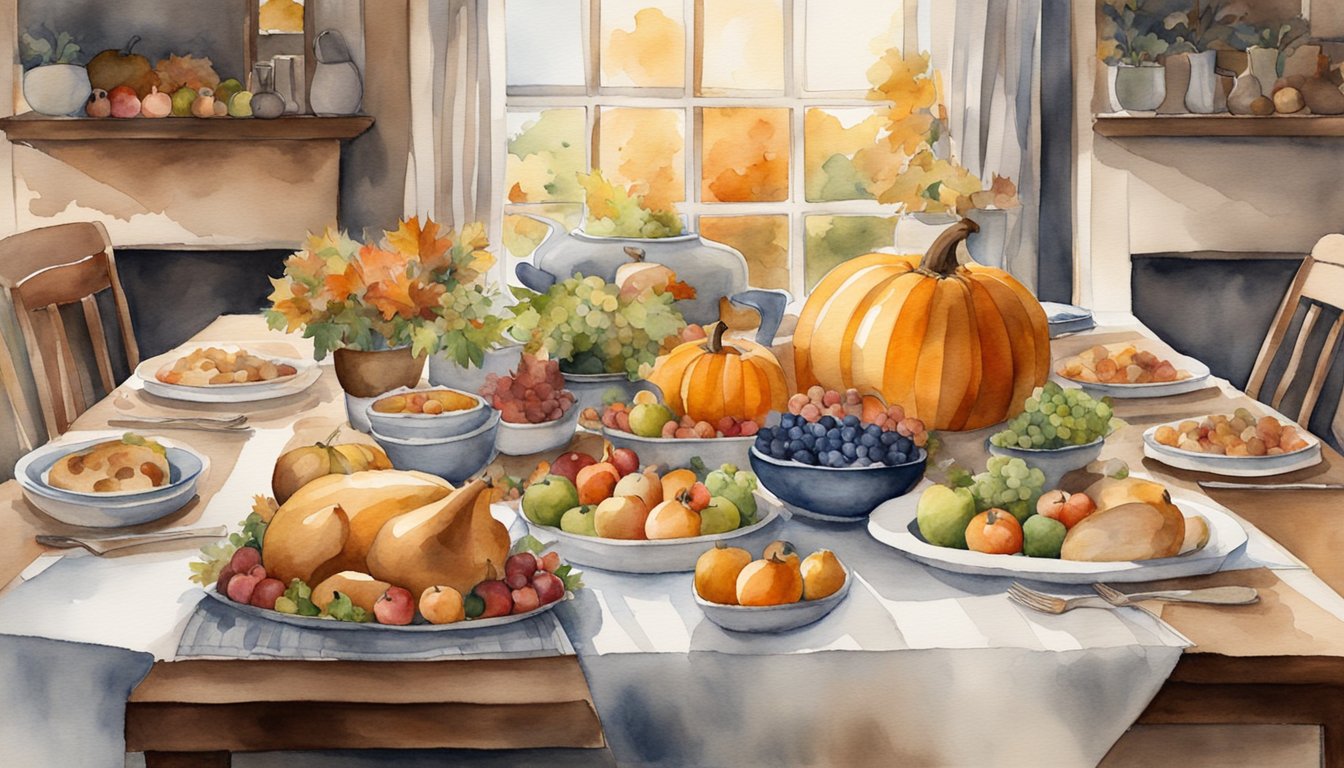 A table set with a bountiful feast, surrounded by family and friends.</p><p>A warm, cozy atmosphere with fall decorations and a sense of gratitude and togetherness