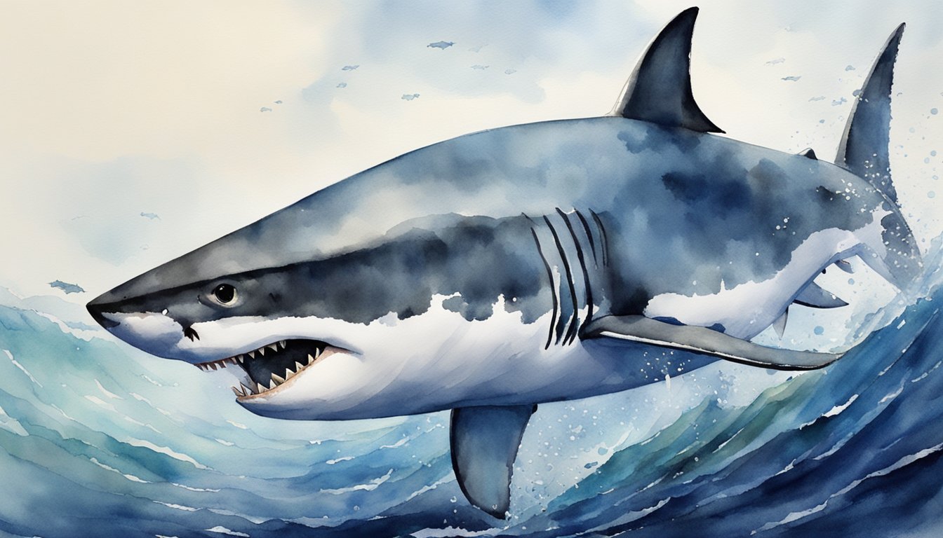 A great white shark breaches the surface, its jaws open wide, revealing rows of sharp teeth.</p><p>The ocean water is dark and murky, with a school of fish scattering in the background