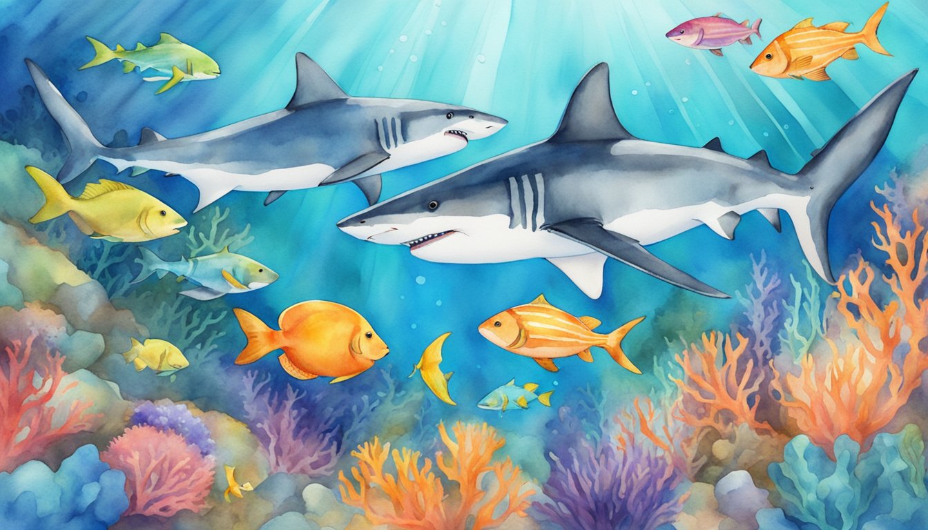 A group of sharks swim gracefully in a vibrant coral reef, surrounded by colorful fish and marine life.</p><p>A banner reads "Shark Education and Conservation, Shark Week 2024."