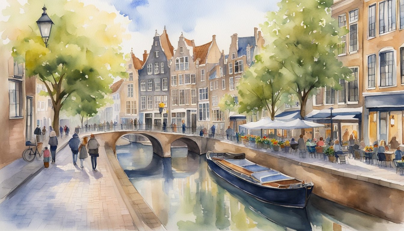 A historic canal winds through Utrecht's charming city center, lined with traditional Dutch buildings and bustling with local cafes and shops