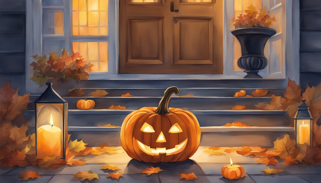 A glowing jack-o-lantern sits on a doorstep, surrounded by fallen leaves and flickering candles, symbolizing the cultural significance and practices of Halloween