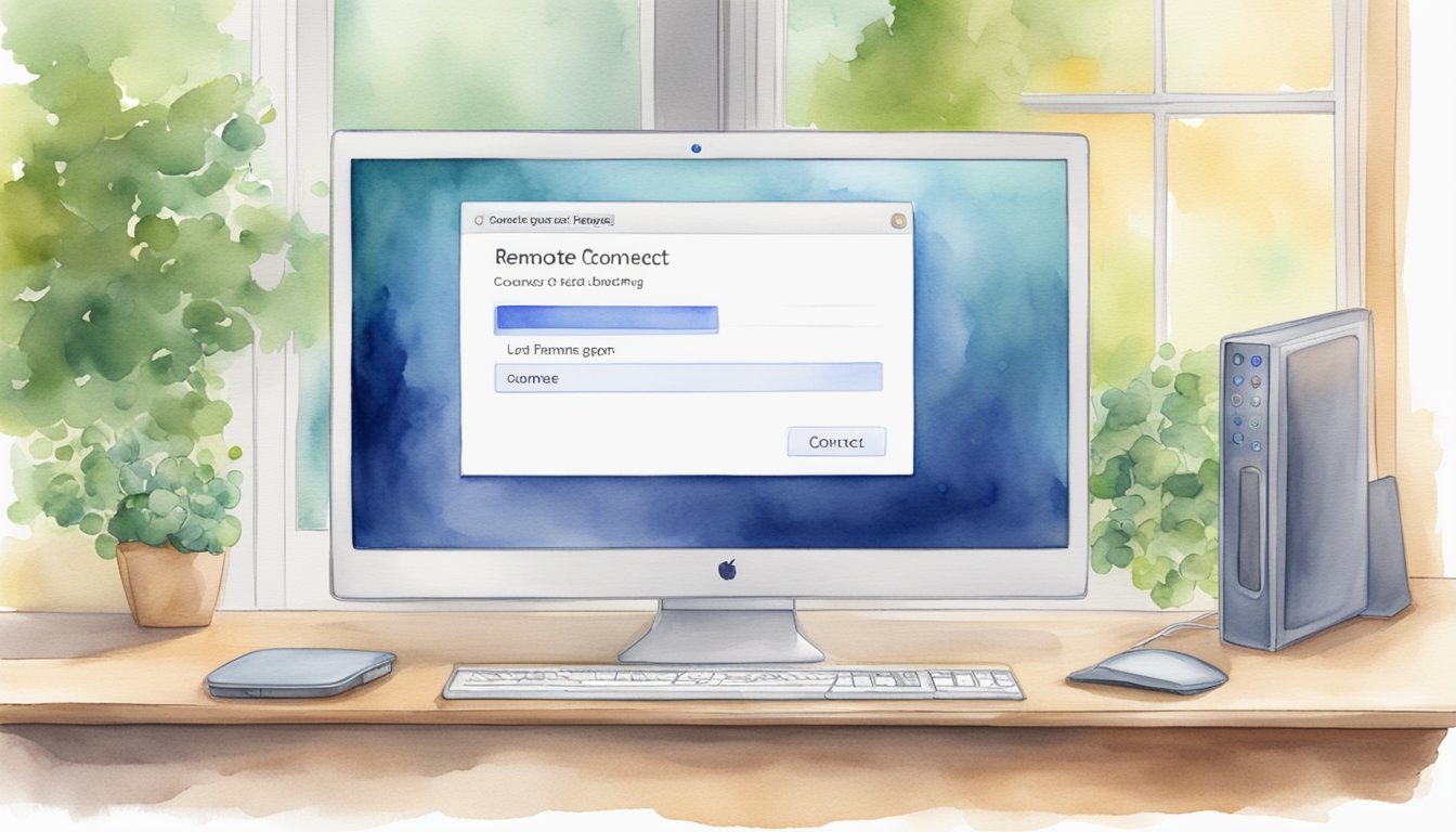 A computer screen displaying a remote desktop login prompt with a cursor hovering over the username field and a "connect" button in the corner