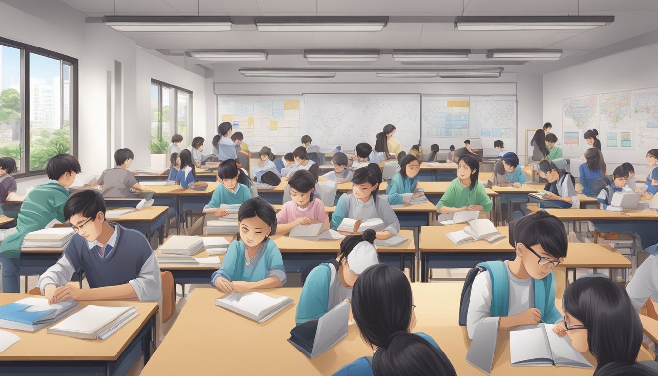 A bustling tuition center in USJ 9, filled with students, books, and whiteboards