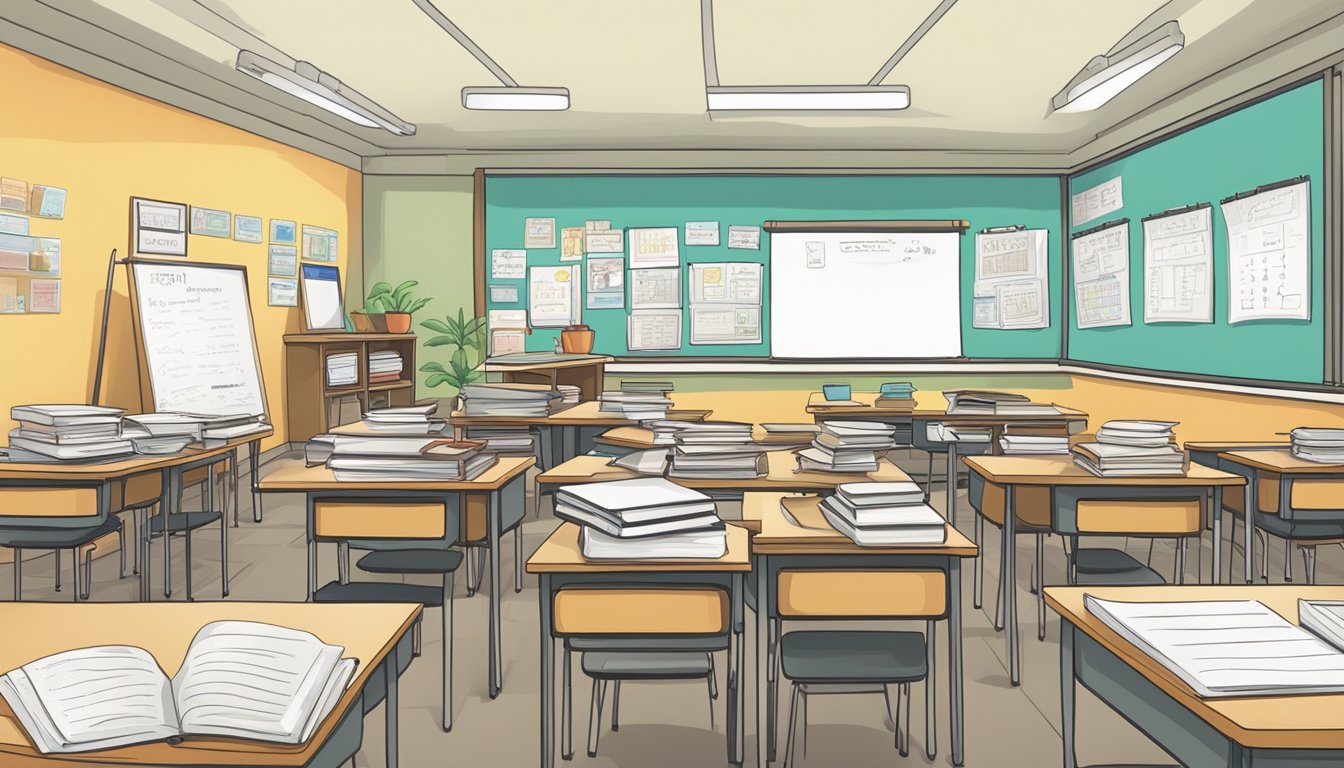A classroom filled with desks, books, and educational materials. A whiteboard at the front displays academic subjects and schedules