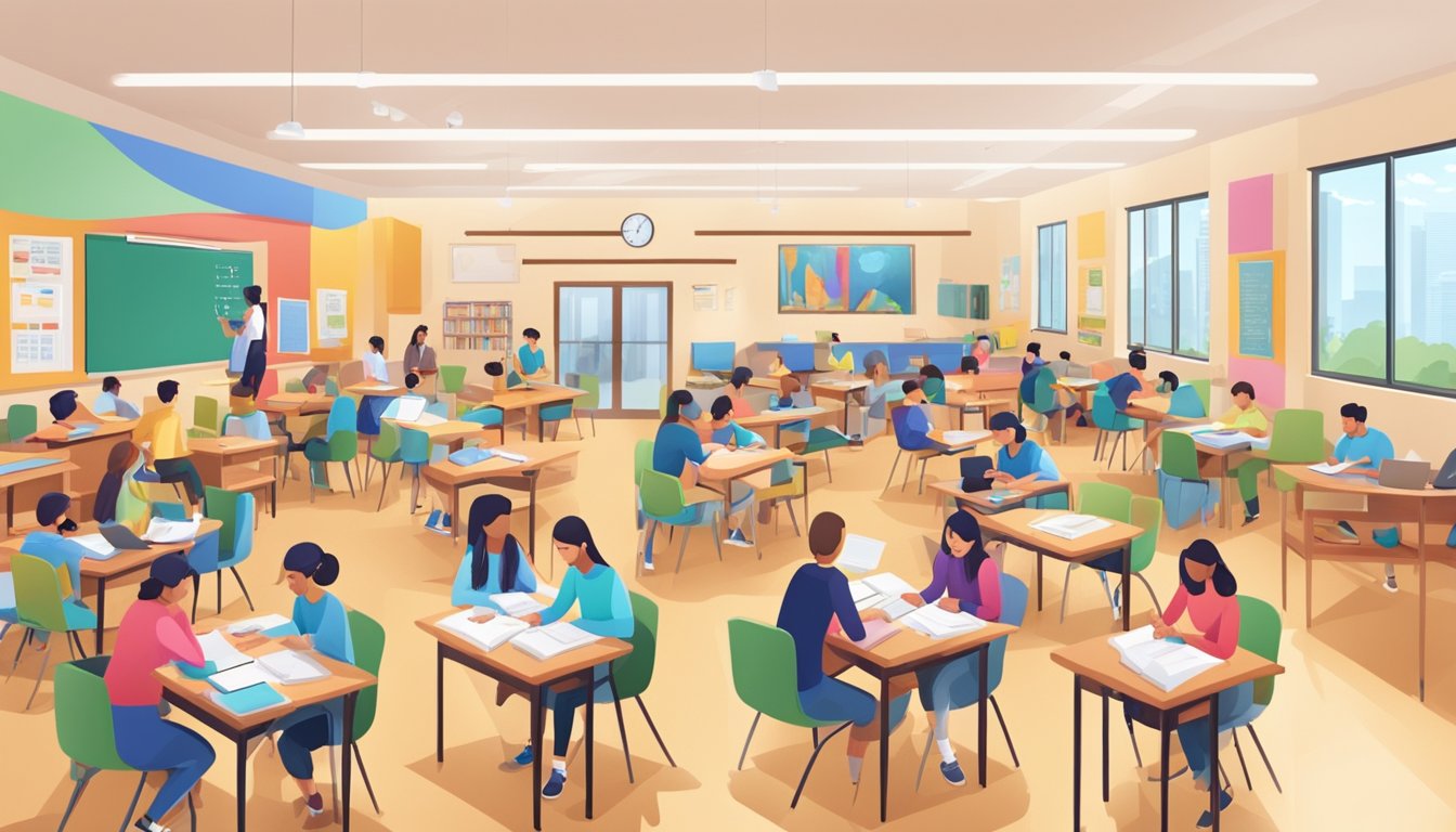 A bustling tuition centre with students engaged in learning, surrounded by colorful educational materials and supportive staff