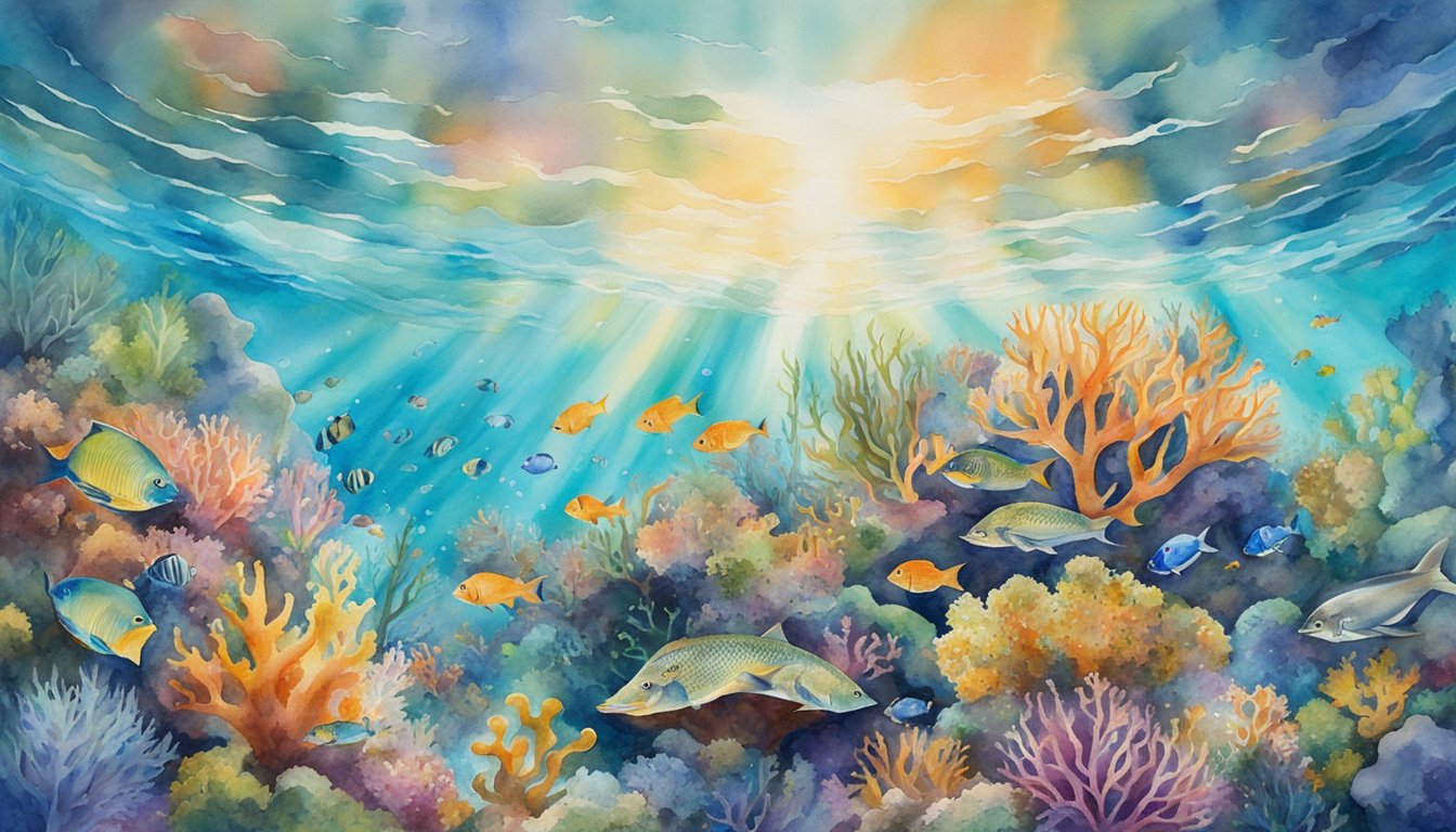 A vibrant coral reef teeming with diverse marine life, surrounded by crystal clear water and colorful fish.</p><p>Sunlight filters through the water, highlighting the intricate structures of the coral