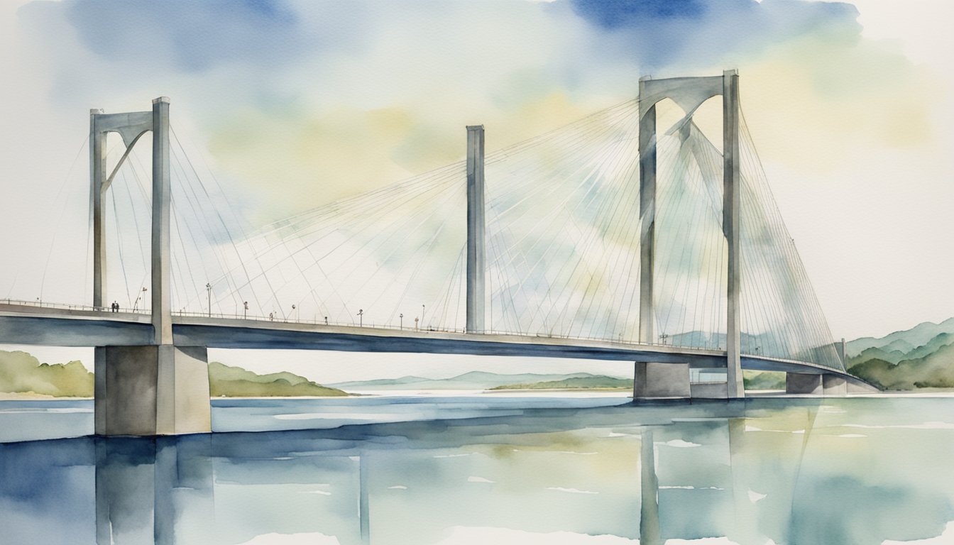 A long, sleek bridge spans a vast expanse of water, connecting two distant shores with its impressive engineering design