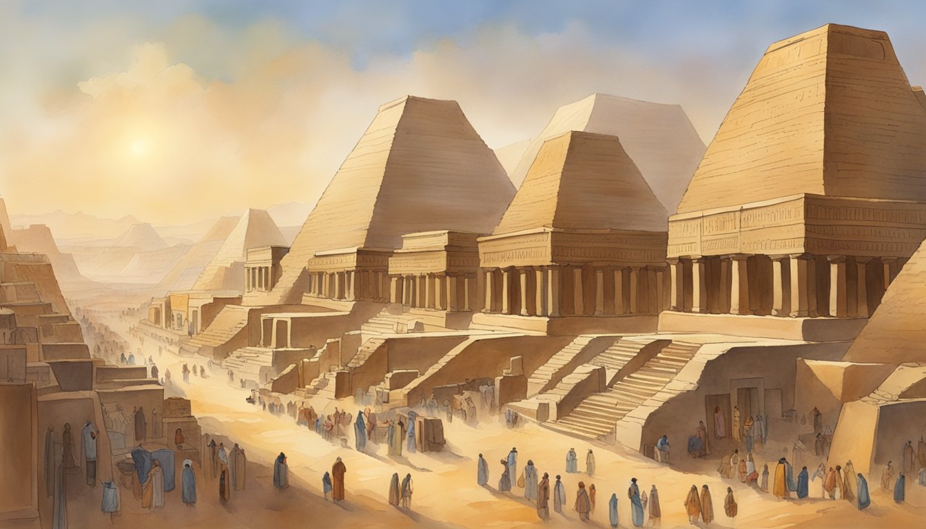 Ancient Kemet: bustling city with towering pyramids, advanced irrigation systems, and bustling marketplaces.</p><p>Hieroglyphics decorate grand temples and government buildings