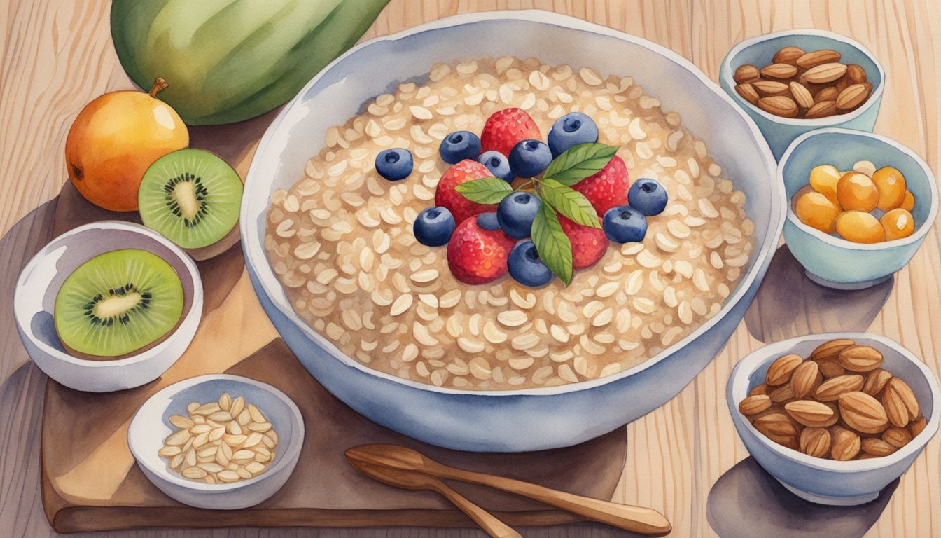 A bowl of gluten-free oatmeal sits on a wooden table, surrounded by various toppings like fruits and nuts.</p><p>A label on the packaging clearly states "gluten-free."