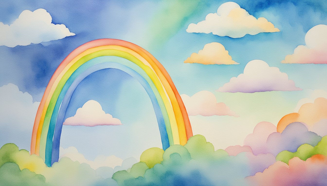 A vibrant rainbow arcs across a blue sky, its colors blending seamlessly and radiating a sense of wonder and beauty